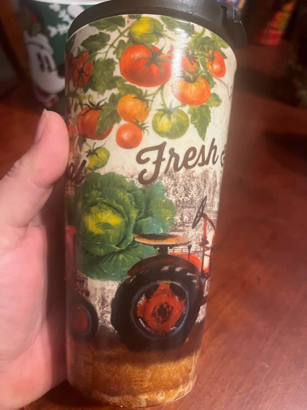 Cypress Home "Fresh & Local" Travel Mug Coffee Cup With Tractor Cabbage Tomatoe
